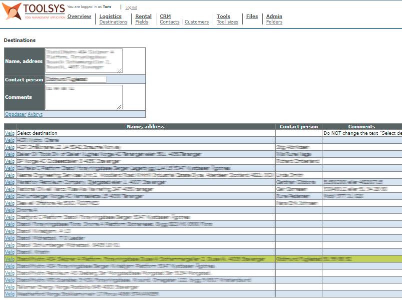 Destinations I logistikkmodulen må man også benytte et eget registreringsvindu for