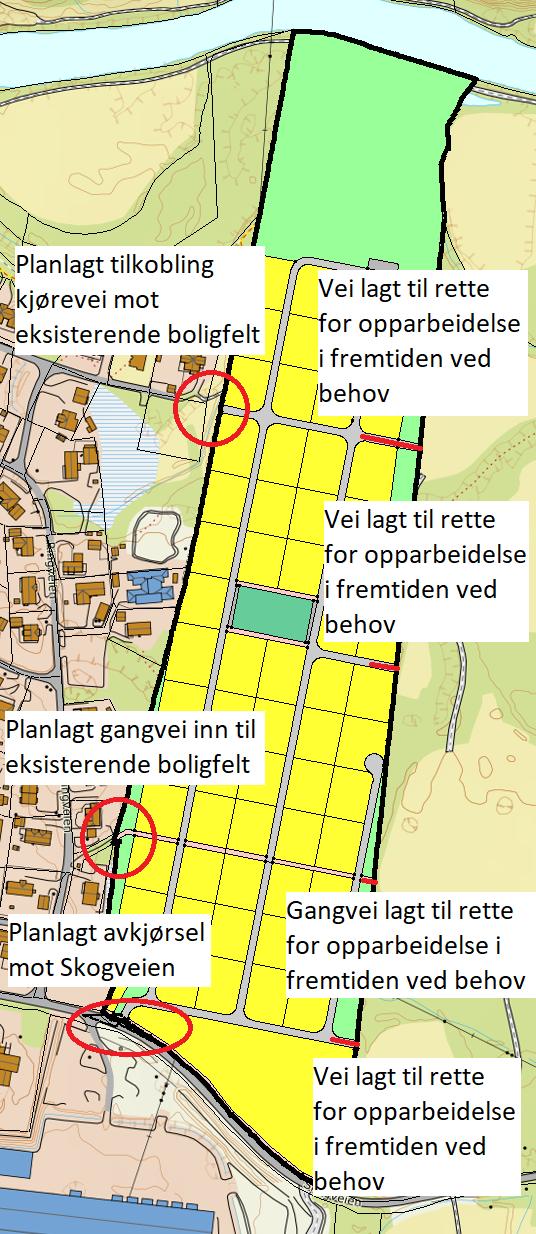 3 Planlagt situasjon Reguleringsplanen Utgård legger til rette for rundt 60 nye boligtomter. Kjøremønsteret internt i feltet er lagt i en rundvei med noen avstikkere.