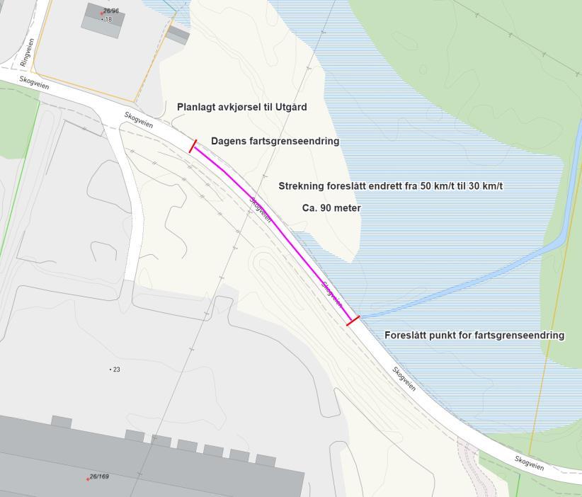 planlagt avkjøring til Utgård. 30 sonen bør forlenges ca.