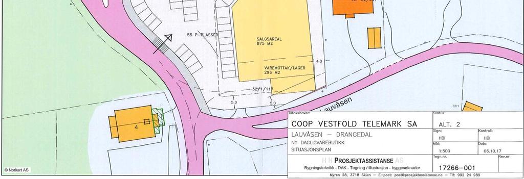 Oppgitt salgsareal er 875 m 2, og butikken skal ha et varemottak/lager på 296 m 2. Butikken skal også ha et parkeringsområde med 33 parkeringsplasser (ikke 55 plasser som det står på skissen).