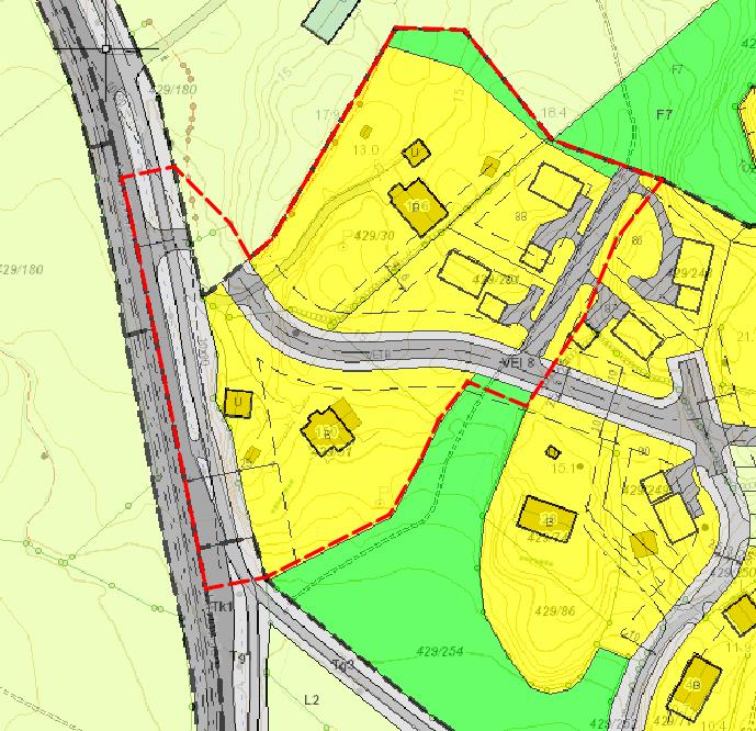 Gjeldende reguleringsformål i området er vist i fig. 4. Fig. 4. Utsnitt av gjeldende reguleringsplaner. Forslag til planavgrensning vist med rød stiplet linje. 10.