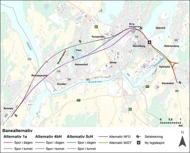 5 av 16 Figur 1: Alternativer på strekningen Rolvsøy Klavestad, med høye