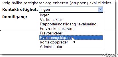 Tilgangsrettigheter Det er laget to nye tilgangsrettigheter i forbindelse med denne evalueringsmodulen. Begge disse er selvsagt knyttet til brukere.