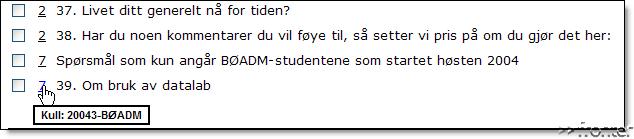 I dette tilfellet har vi markert en org.enhet Kull: 20043-BØADM som skal ha noen ekstra spørsmål knyttet til et eget undervisningsopplegg.