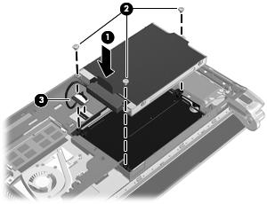 4. Ta tak i klaffen på harddiskens kabelkontakt (3) og press harddiskens kabelkontakt forsiktig ned på hovedkortet til den smekker på plass. 5.