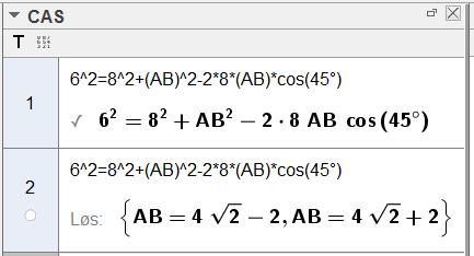 Oppgåve 6 (7 poeng) Gjeve ABC slik at A 45, BC 6 og AC 8 a) Bruk CAS til å bestemme lengda av AB eksakt. Vi teiknar hjelpefigur.