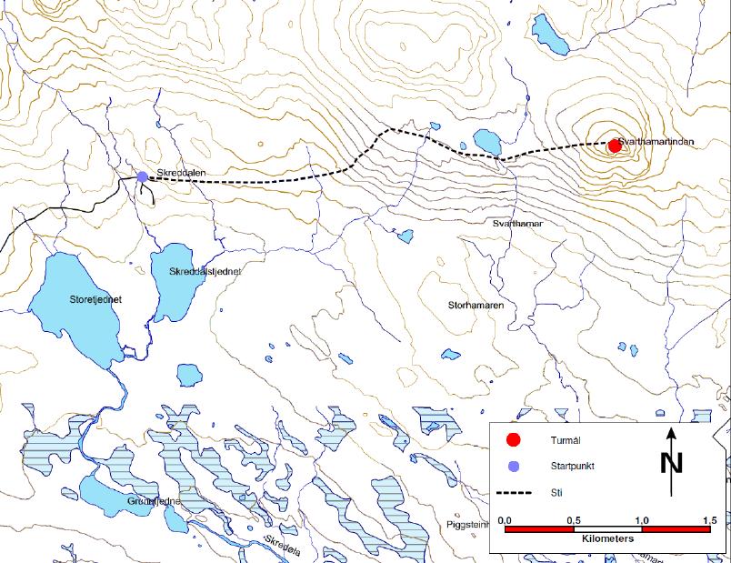 7. Svarthamartinden (1471 moh) Ta av FV 51 i Skammestein. Følg Vinstervegen 1,5 km til bom. Bombillett kr 40,-. Følg Vinstervegen vidare i 10 km.