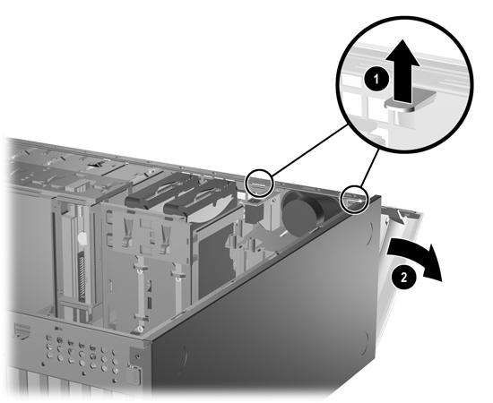 Fjerning av frontpanelet 1. Fjern/løsne sikkerhetsenheter som gjør at du ikke kan åpne datamaskinen. 2. Fjern eventuelle uttakbare medier, for eksempel disketter og CD-plater, fra datamaskinen. 3.