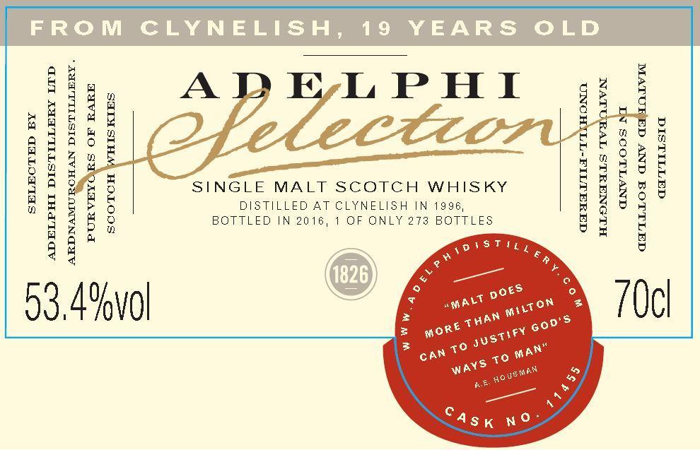 Adelphi Selection Clynelish 1996 19 yo #11455 Destillert i 1996 på Clynelish, lagret på et ex-bourbon fat, tappet sommeren 2016 av Adelphi.
