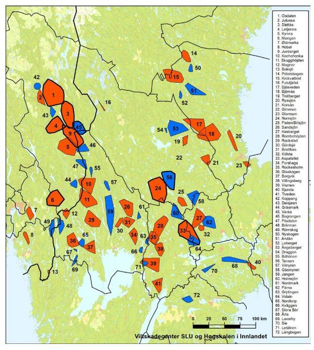 Side 7 av 16 Fig 2. Kart over familiegrupper og par vinteren 2017/18 (fam. grupper røde polygoner, revirmarkerende par blå polygoner) 4.