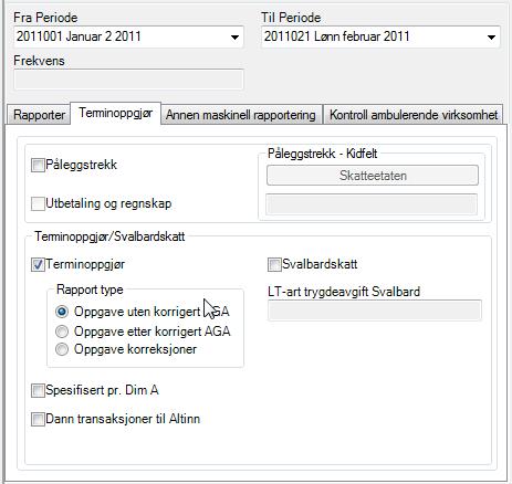 Terminoppgjør Rapporter Trekkeierrapporter Terminoppgjør Rapport type og feltet Spesifiser pr. Dim A vises når systemparameter for disse er satt.