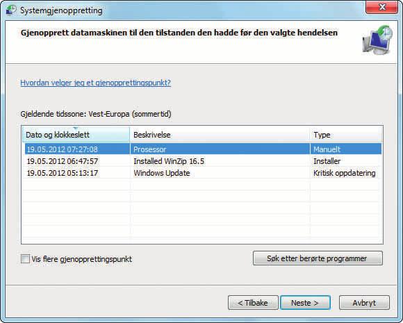 de var da du lagret gjenopprettingspunktet: Klikk på Neste for å begynne systemgjenopprettingen.
