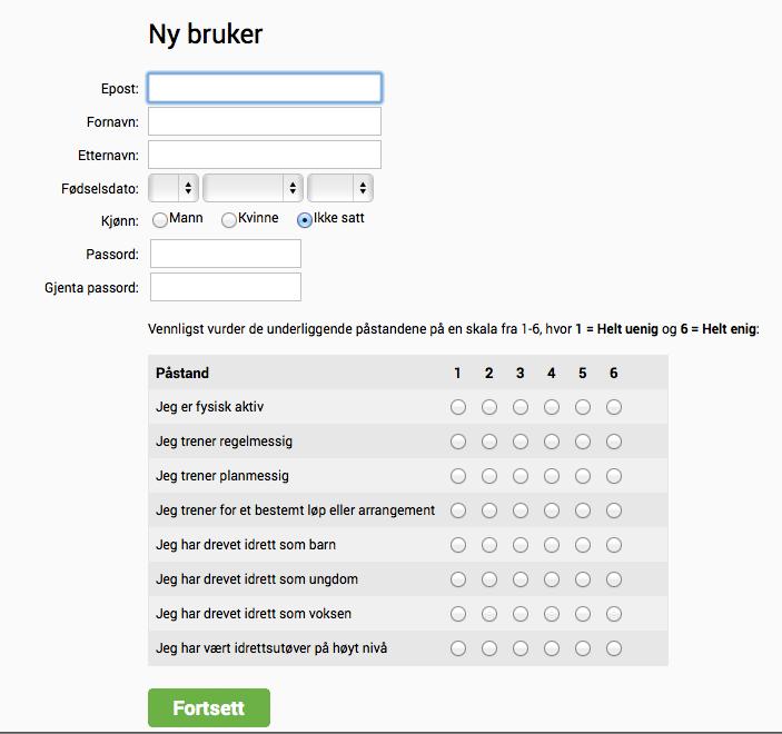 Registrering: Her fyller du inn personlige data, og svarer på spørsmålene om fysisk aktivitet.