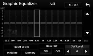 Lydkontroll Manuell kontroll av utligner Du kan justere equalizeren ved å velge optimal innstilling for hver kategori. 1 Trykk på [MENU]-knappen. hhoppsprettmenyen vises. 2 Trykk på [Audio].