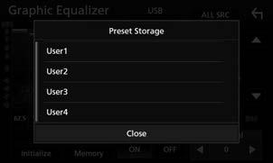 Preset Select Viser skjermbildet for å laste opp en forhåndsinnstilt utjevningskurve. Memory Lagrer den justerte utjevningskurven fra User1 til User4.