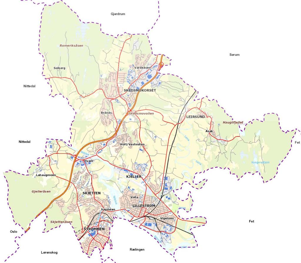 Figur 6: Skedsmo kommune. Kartkilde: kartportal.skedsmo.kommune.no Topografi og meteorologi Skedsmo har småkuperte skogområder helt i øst, vest og nord, opptil 300 moh.