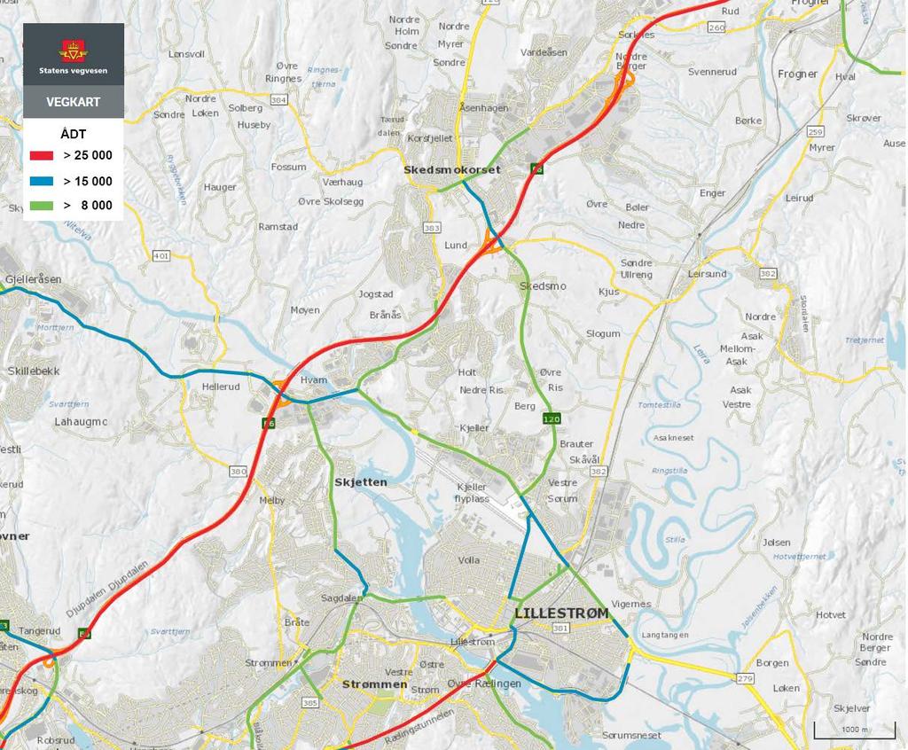 Figur 12: Veger i Skedsmo med trafikkmengder (årsdøgntrafikk, ÅDT) over 8000 (grønne), 15000 (blå) og 25000 (røde). Kartkilde: Statens vegvesens vegkart [8].