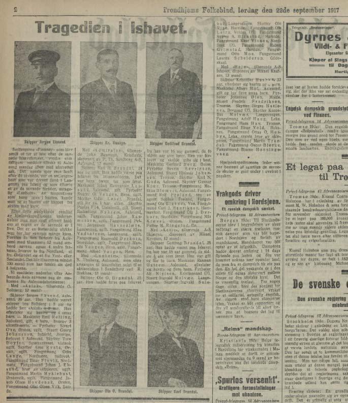 Mannskapsliste trykt i Trondhjems Folkeblad 22.9.1917 på denne lekkja: www.nb.