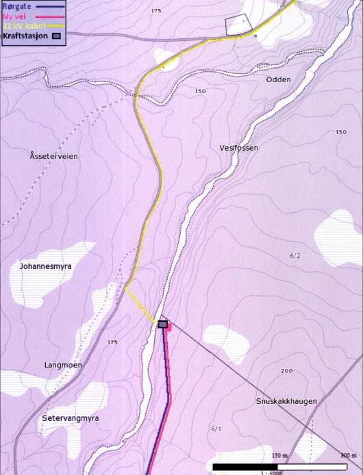 Side 35 Figur 1: Gul strek viser kabeltraseen fra start ved kraftverket (kart til venstre) frem til eksisterende nett ved Skoelvli (kart til høyre).