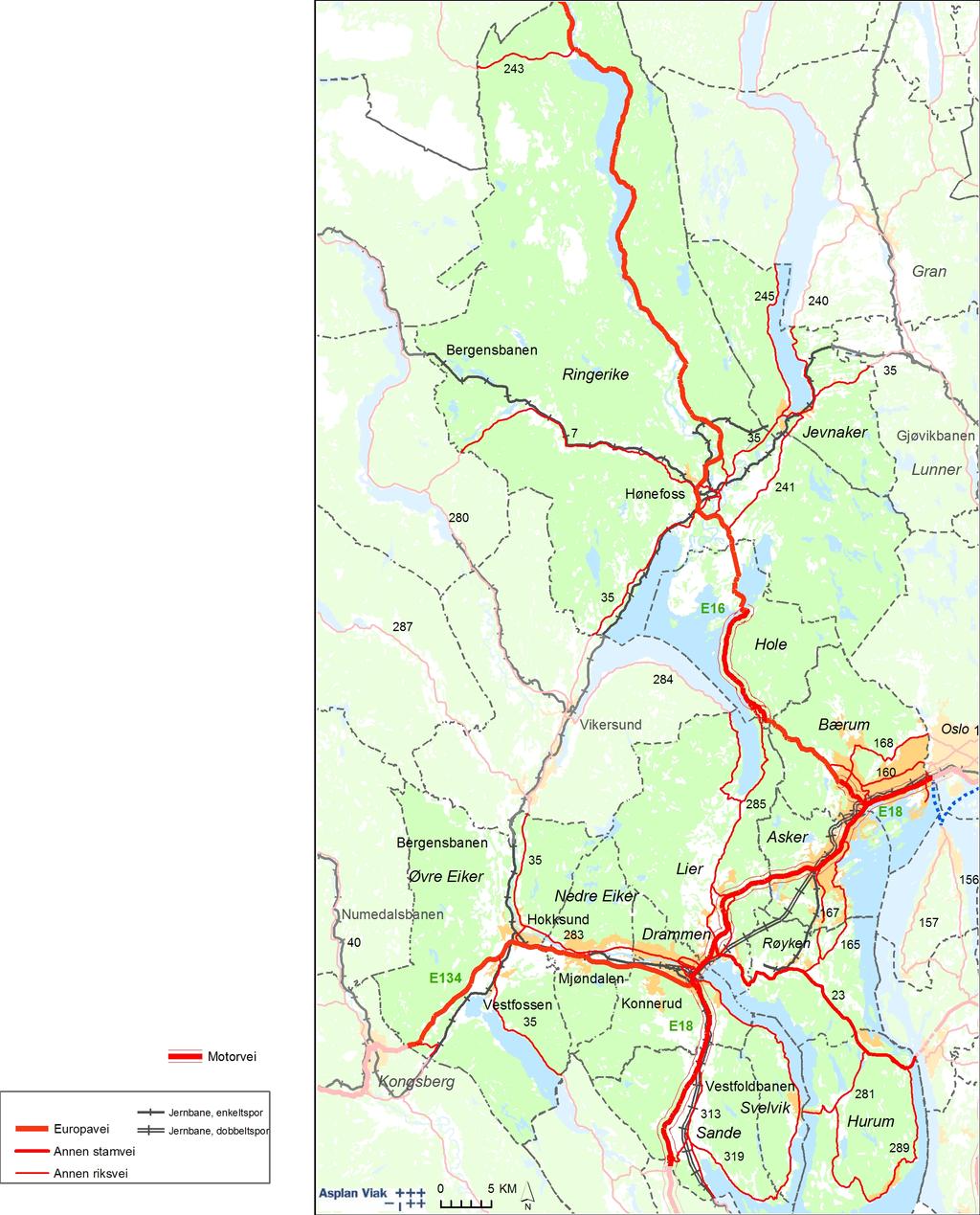 Side 14 Kartet viser kommunene som danner Vestregionen Hovedtransportårene i regionen er: E-18, E-16, E-134 Rv. 7, 35 Rv. 23, 281, 282, 283, 289, 285 Rv.