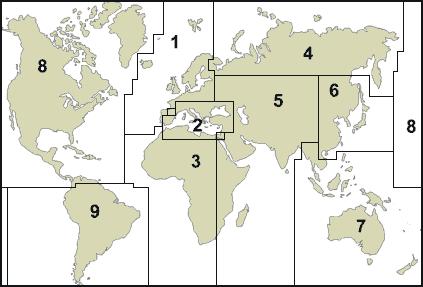 Kart - C-MAP Professional / Professional+ Kartsoner - Verden C-MAP sine profesjonelle kart er delt inn i 9 soner som dekker hele verden.