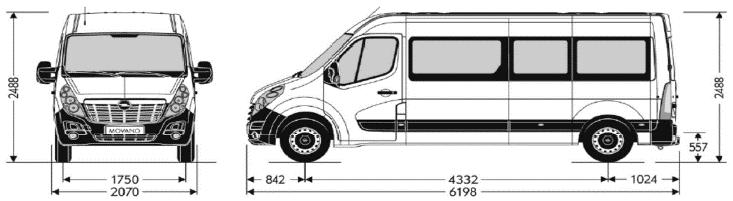 Tekniske spesifikasjoner - Minibuss (FWD) Lengde Høyde Totalvekt Motor L3 H2 3960 kg 2,3 BiTurbo 163hk Akselavstand 4332 Lengde 6198 Overheng foran / bak 842 / 1024 Sporvidde foran / bak 1750 / 1730