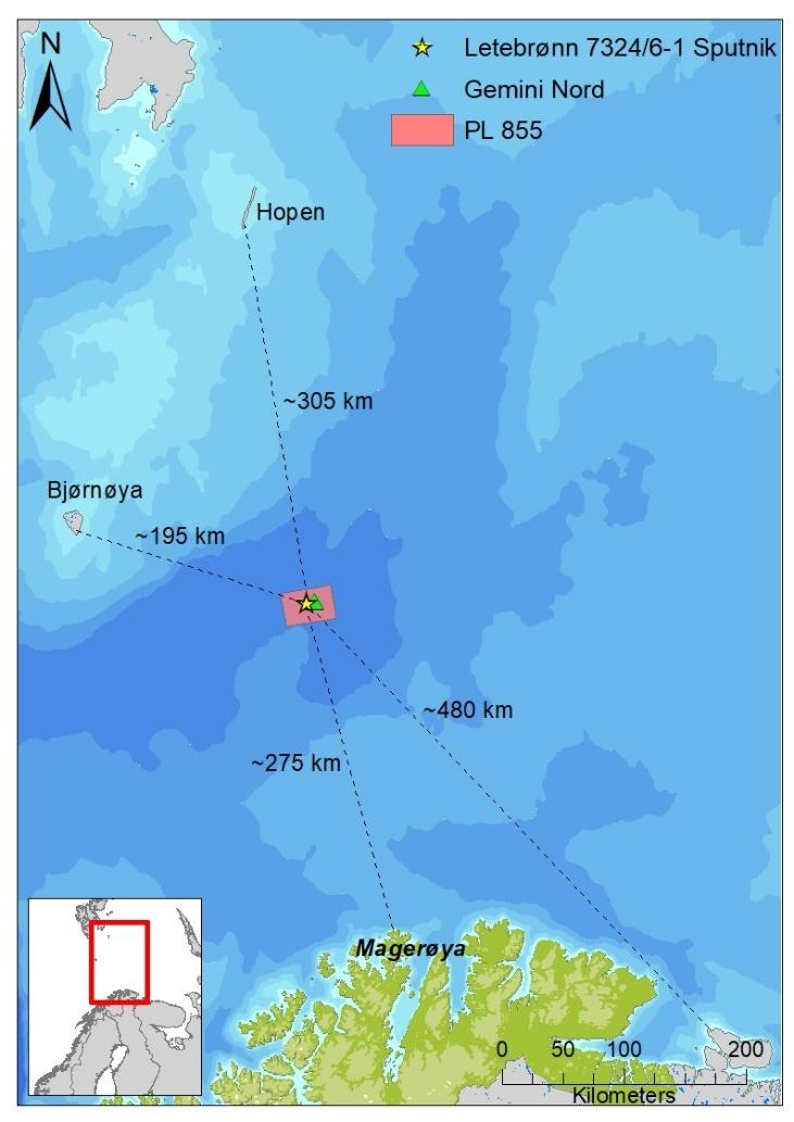 Figur 1-1 Beliggenheten til letebrønn 7324/6-1 Sputnik vist i forhold til Gemini Nord og avstand til fastlands Norge (Magerøya), Bjørnøya, Hopen og