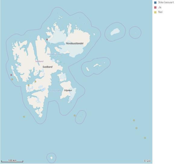 Figur 7. Alle hendelser med utslipp i norske områder fra Bjørnøya og nordover (rød) og uten utslipp (gul) i 2018.