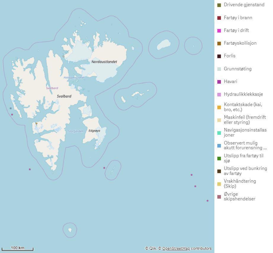Figur 10. Alle registrerte hendelser (unntatt offshore/petroleumshendelser) på sjø nord for Bjørnøya i 2018. 2.4.