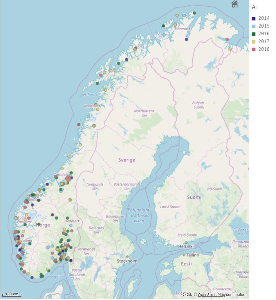 Figur 20. Industrihendelser med utslipp i perioden 2014-2018. Selv om utslippene fra industrien er relativt små har det totale utslippsvolumet fra 2014 til 2018 en stigende tendens (Figur 21).