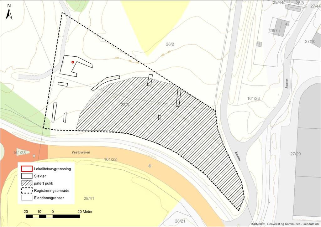 Et a b l e r i n g a v a n leg g s o m r å d e g b n r 2 8 / 3 Kart 2: Oversikt over planområdet med sjakter og funn markert. Rød sirkel markerer kokegrop ID229044.