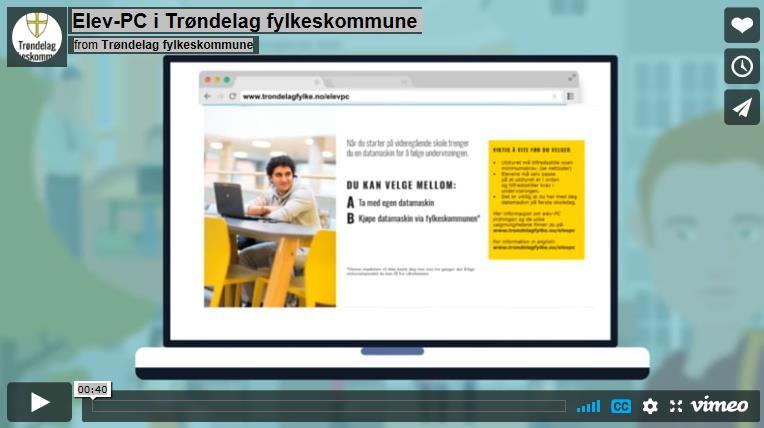 Elev-PC Viktig at denne er på plass til skolestart Alle elever i videregående skole MÅ ha en datamaskin. Trøndelag fylkeskommune har en PCordning der elevene eier datamaskinen selv.