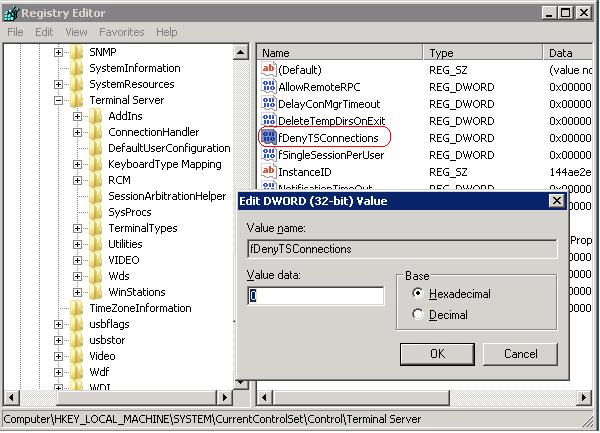 Figure 14. Registry Editor Edit HKEY_LOCAL_MACHINE\SYSTEM\CurrentControlSet\Control\Terminal Server\fDenyTSConnections = 0.