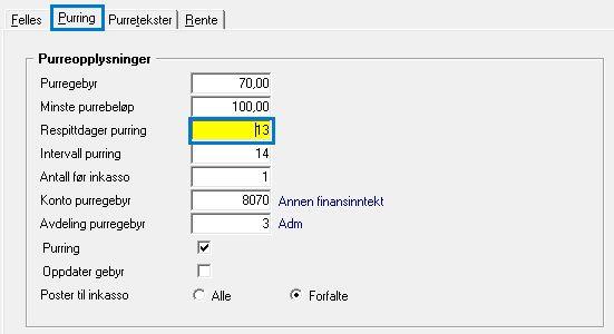 3 I fanen Purring settes Respittdager purring til 13, dette definerer antall løpedager før saken kommer opp i purreforslaget for å sendes over til Visma AutoCollect.