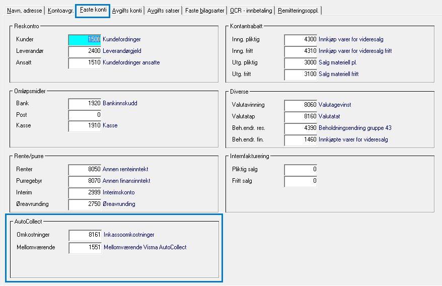 4 Hovedbokskonti som kan benyttes ved Purre- og inkassooppgjør Mellomværende Visma AutoCollect -