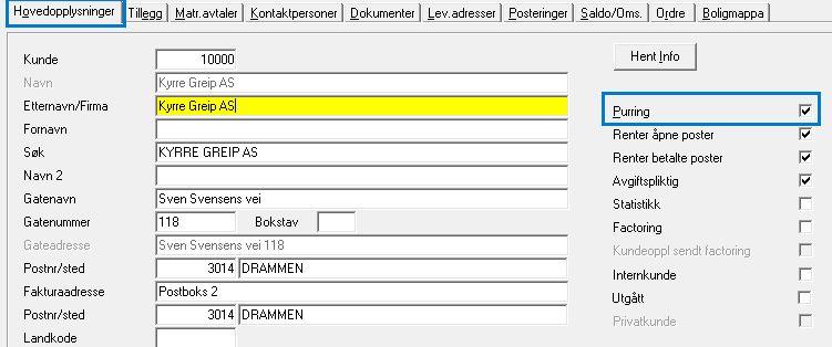 Purrefritak 7 Purrefritak kan settes på kundenivå eller fakturanivå. På kunder det ikke skal purres på må man fjerne hake for Purring.