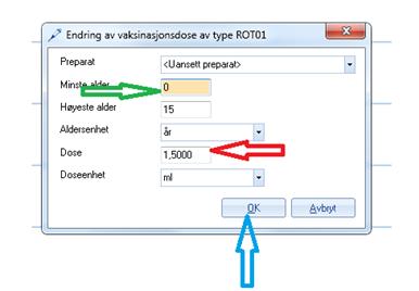 5. Forandrer dose til 1,500 6.