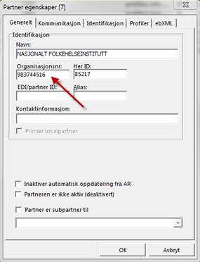 5. Når partneren er importert må den oppdateres med følgende organisasjonsnummer: