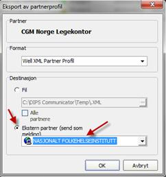 7. Velg «Ekstern partner (send som melding)». Finn FHI i listen. De går under navnet Nasjonalt Folkehelseinstitutt eller FHI. Trykk deretter «OK». 8.
