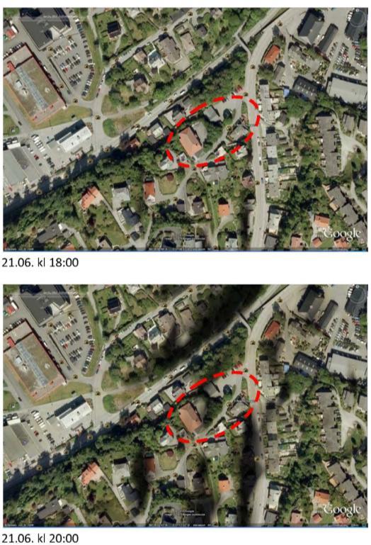 Figur 7: Soldiagram som viser solforholdene i planområde på ulike tider av året.