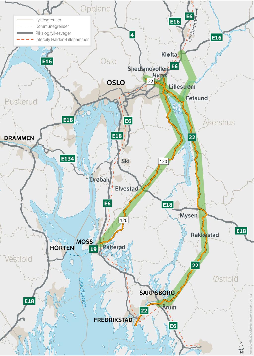 Korridorer og tilknytninger som utredes Riksveg 22 Fetsund-Sarpsborg-Fredrikstad Fylkesveg 120 Moss Elvestad- Lillestrøm Tilknytning til E6 nord