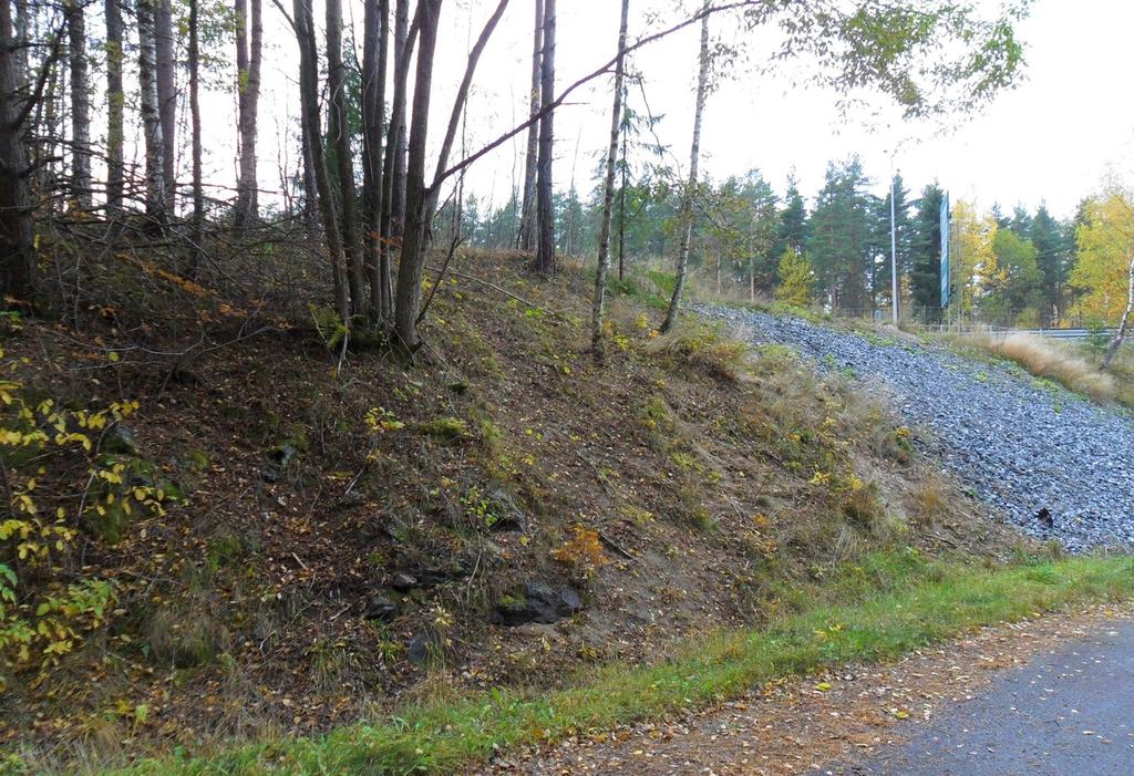 Bilde 7-65: På sørsiden av gang- og sykkelvegen nordvest for Gamla Vintrosavägen er fjellgrunnen synlig i dagen, se området i framgrunnen.