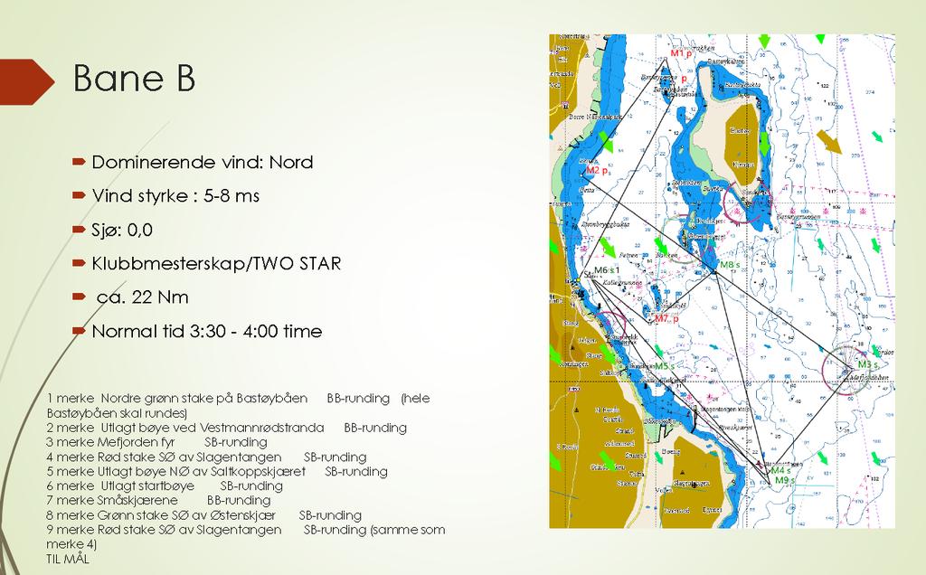 Eksempel bane B: Løpet nordlig vind 1 merke Nordre grønn stake på Bastøy båen BB-runding (hele Bastøy båen skal rundes) 2 merke Utlagt bøye ved Vestmannrødstranda BB-runding 3 merke Mefjorden fyr