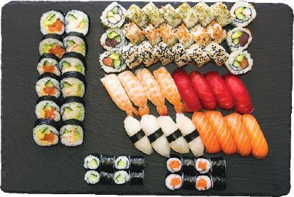 STK 16 stk small maki laks og agurk 24 stk I/O spicy tun, rejer og laks 16 stk nigiri tun,