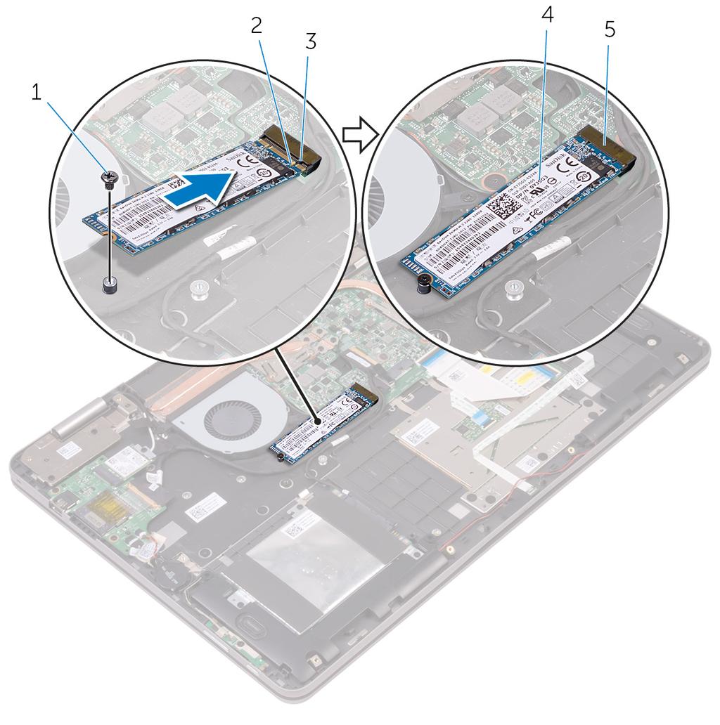 3 Trykk den andre enden av SSD-disken ned, og skru inn skruen (M2x3) som fester SSD-disken til håndleddstøtten. Figur 8.