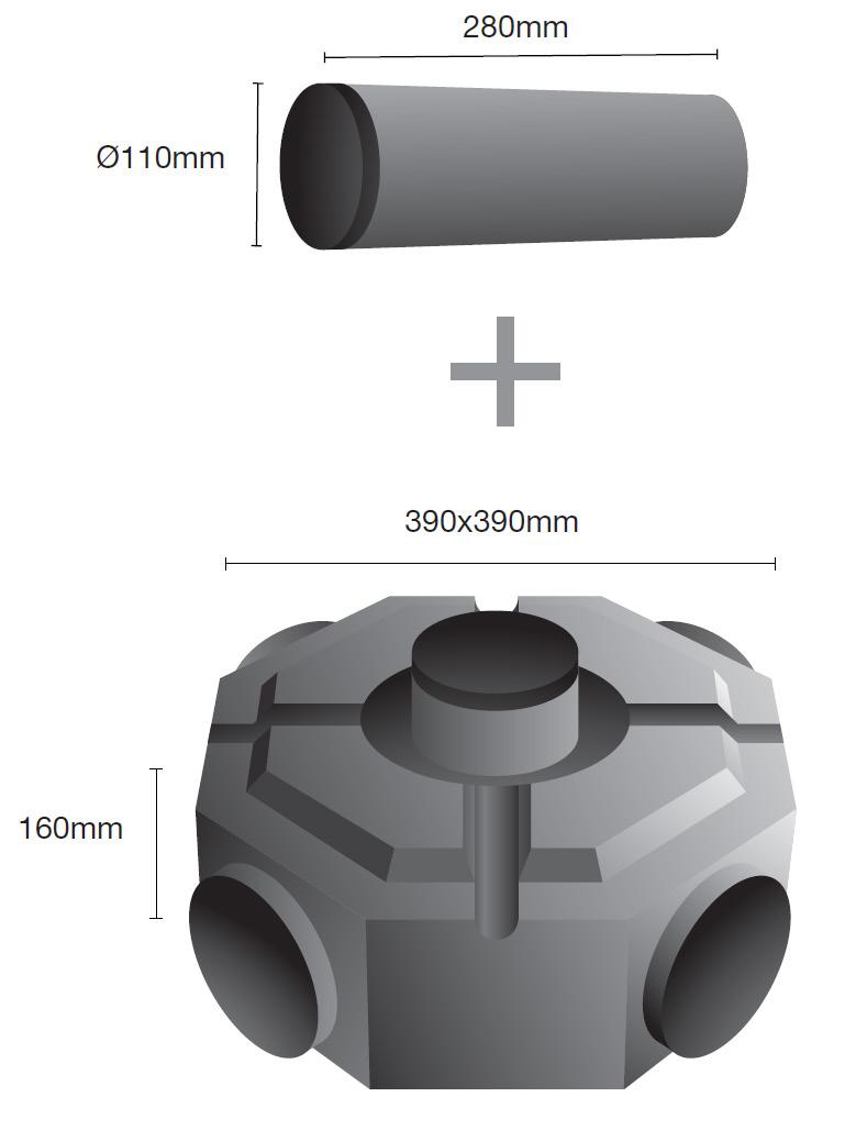 Når tilkoblingspunktet er koblet direkte til radonbrønnen er total høyde på systemet 40 cm. Tilpass systemet slik at tilkoblingspunktets høyde blir som ønsket.