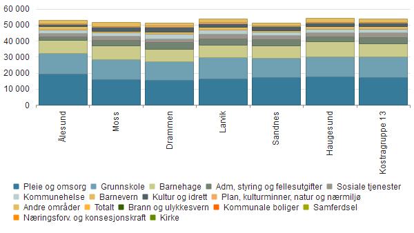 Utgifter og formål sammenlignet med andre Ålesund Moss Drammen Larvik Sandnes Haugesund Kostragruppe 13 Pleie og omsorg 19 317 15 946 15 339 16 507 17 219 17 754 17 153 Grunnskole 12 762 12 477 11