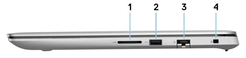 3 Visninger av Inspiron 5580 Høyre 1 SD-kortspor Leser fra og skriver til SD-kortet. 2 USB 2.0-port Koble til eksterne enheter som eksterne lagringsenheter og skrivere.