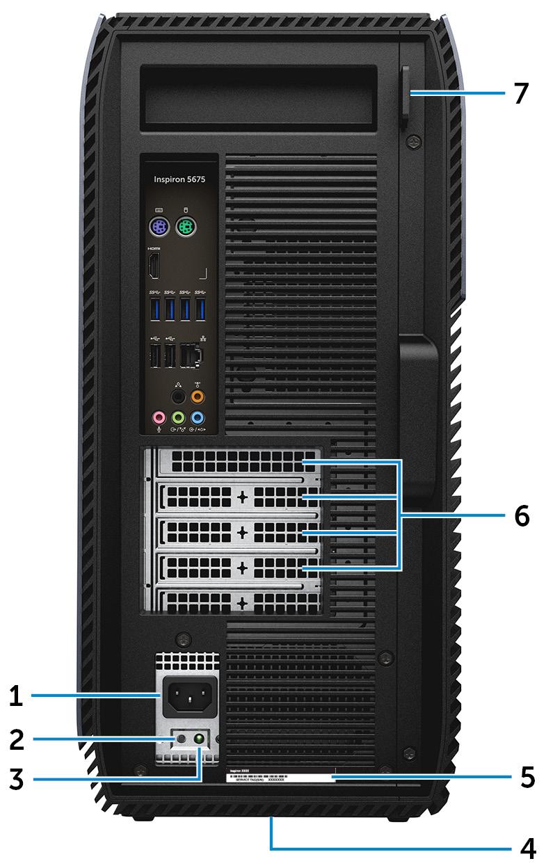 Baksiden MERK: Du kan tilpasse hvordan strømknappen oppfører seg i strømalternativene. For mer informasjon se Me and My Dell på www.dell.com/support/manuals.