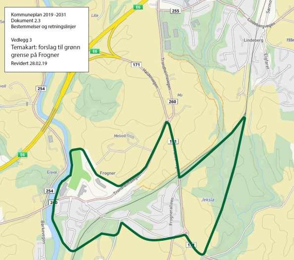 Fig 10 Grønn grense på Frogner Grensen tar utgangspunkt i det som framstår som en naturlig avgrensing av de utbygde og regulerte områdene nærmest sentrum. Melvoldjordet er tatt med.